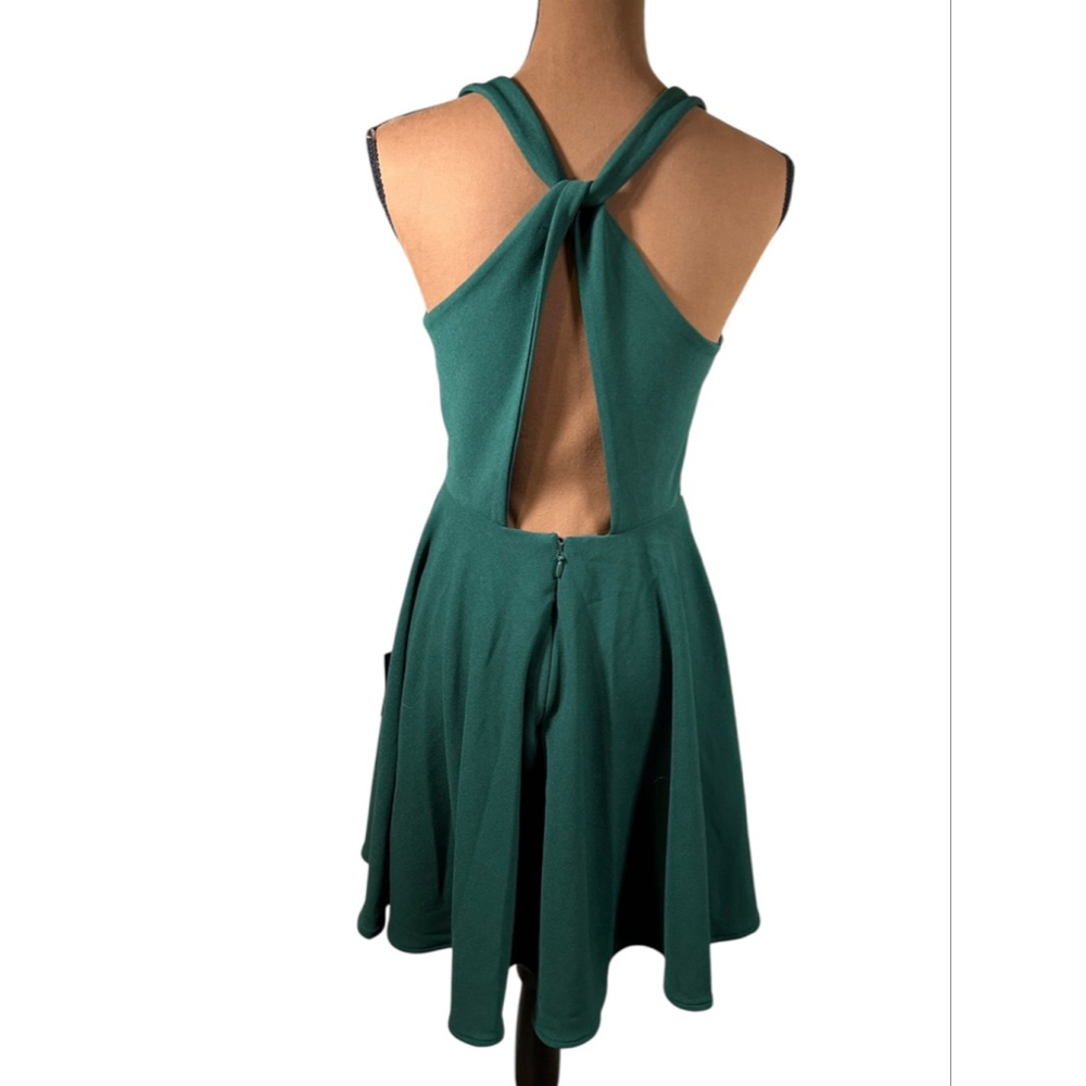 Lulus Green Wonder Whirl Dark Green Twist Back Skater Dress S - Picture 2 of 7
